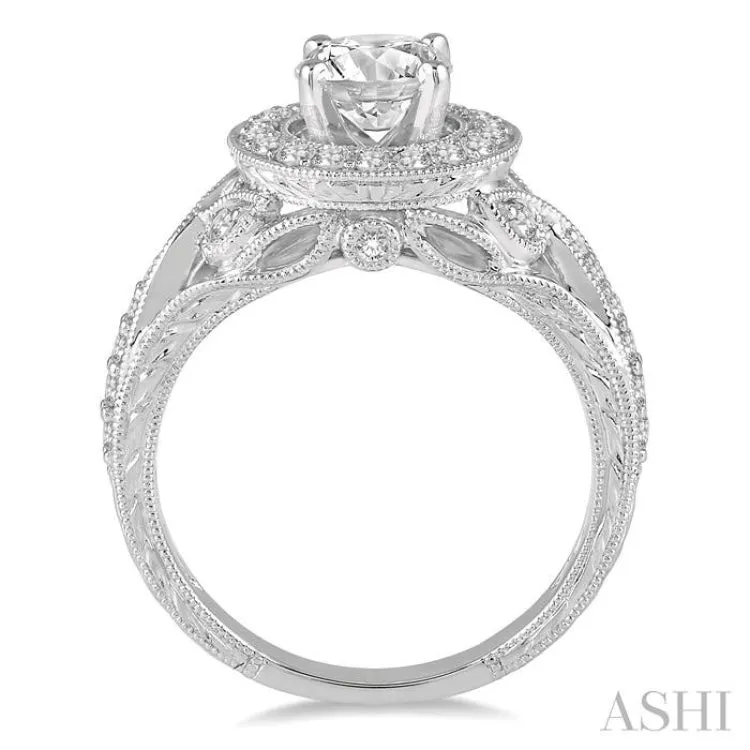 1 Ctw Diamond Engagement Ring with 1/2 Ct Round Cut Center Diamond in 14K White Gold