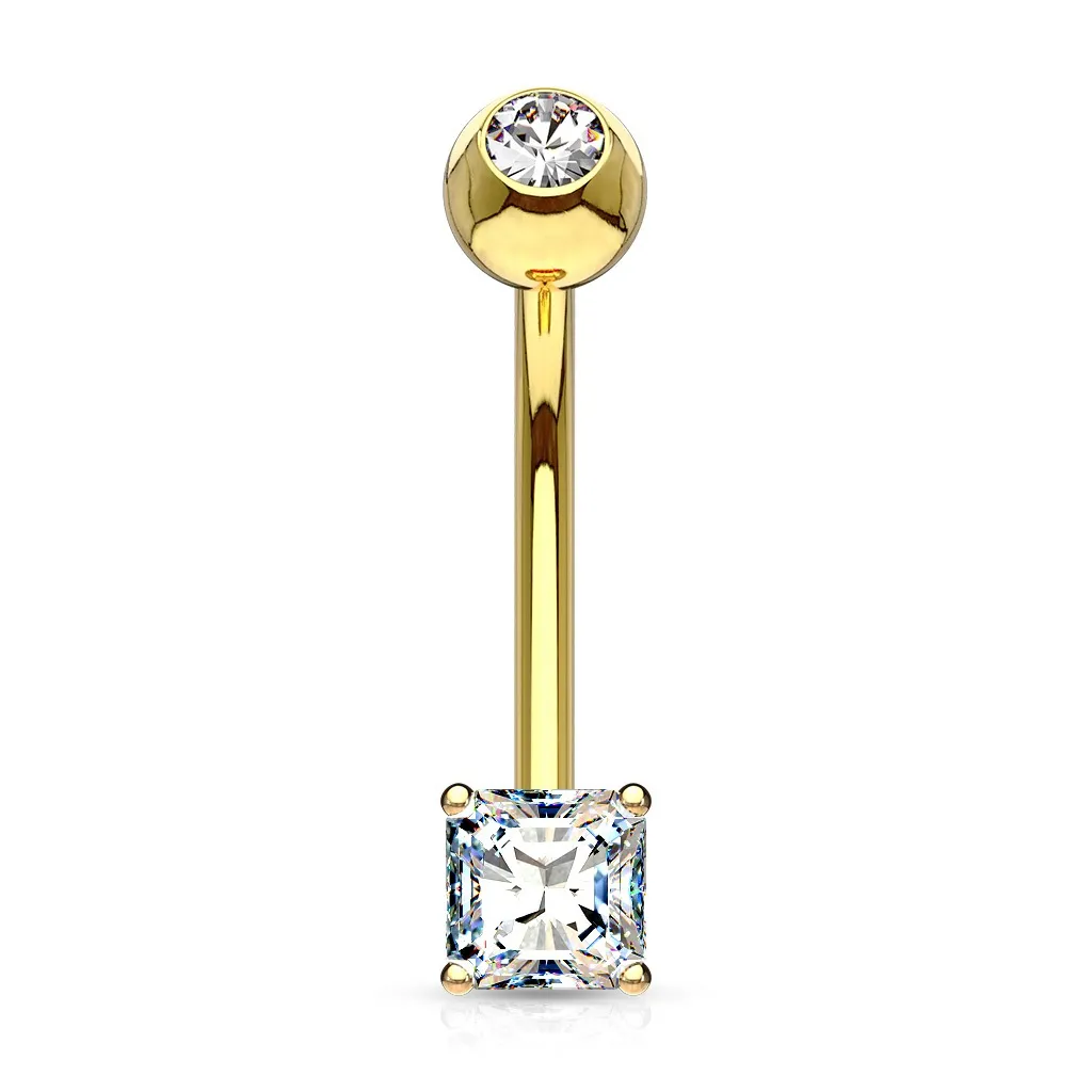 14 KT Solid Gold Square CZ Belly Ring