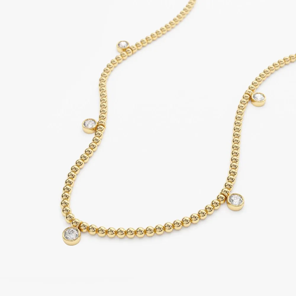 14k 2MM Bead Necklace with Dangling Bezel Setting Diamonds