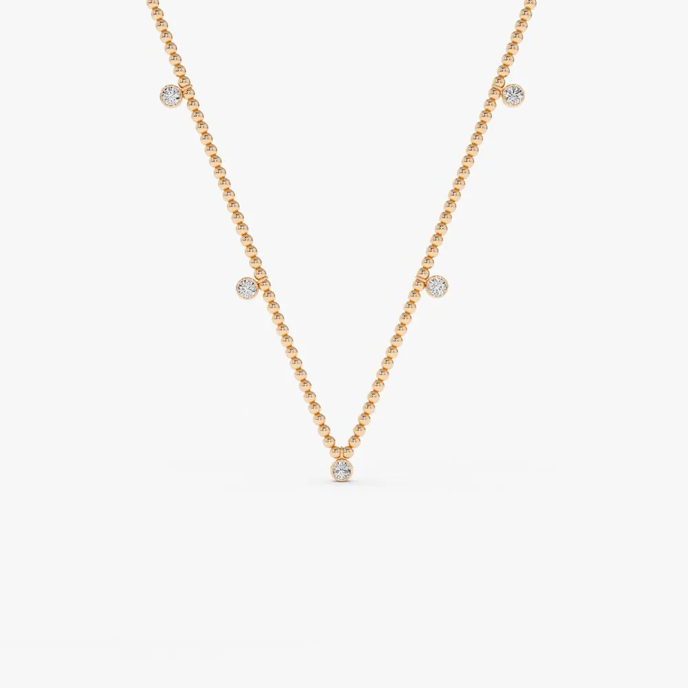 14k 2MM Bead Necklace with Dangling Bezel Setting Diamonds