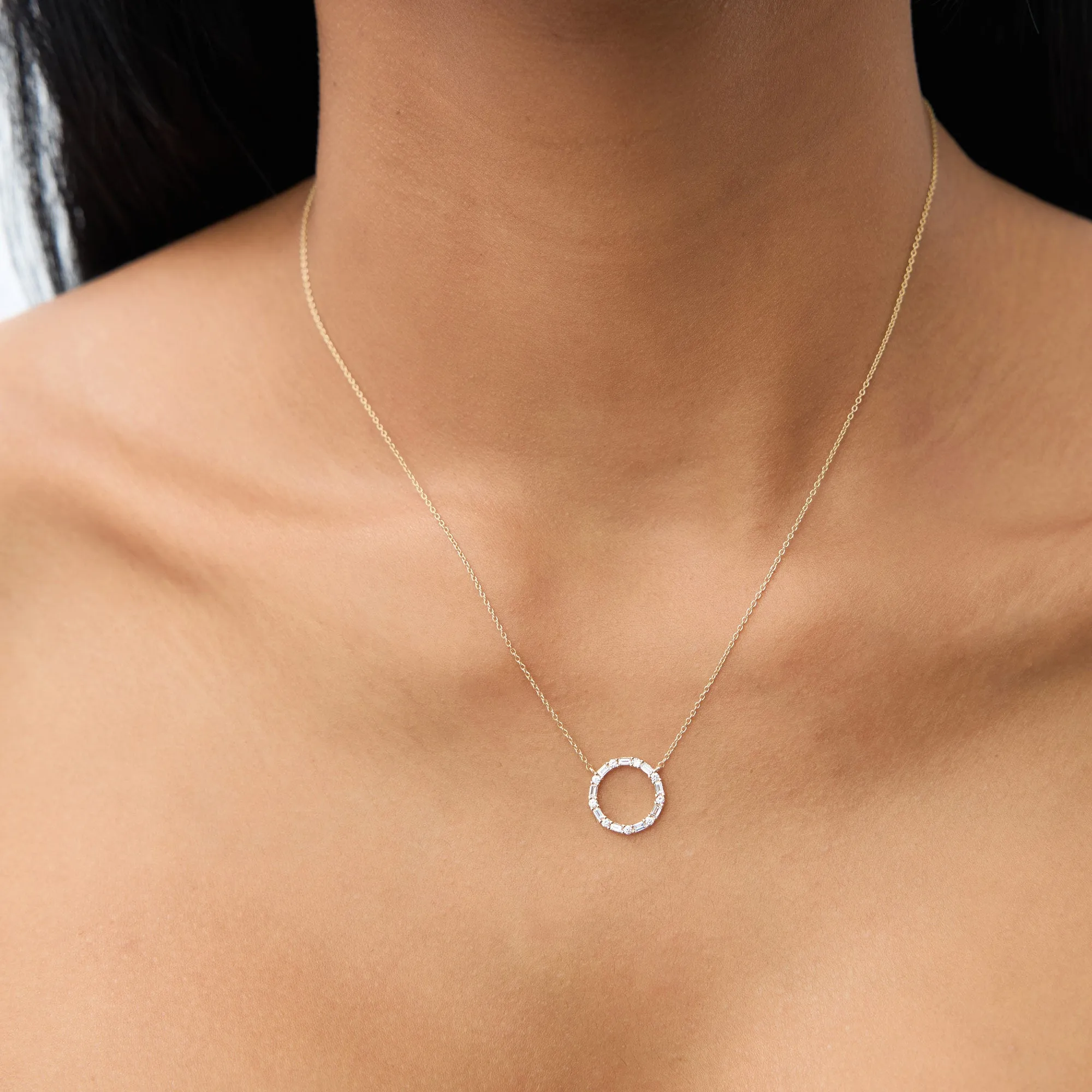 14k Baguette & Round Diamond Circle Necklace