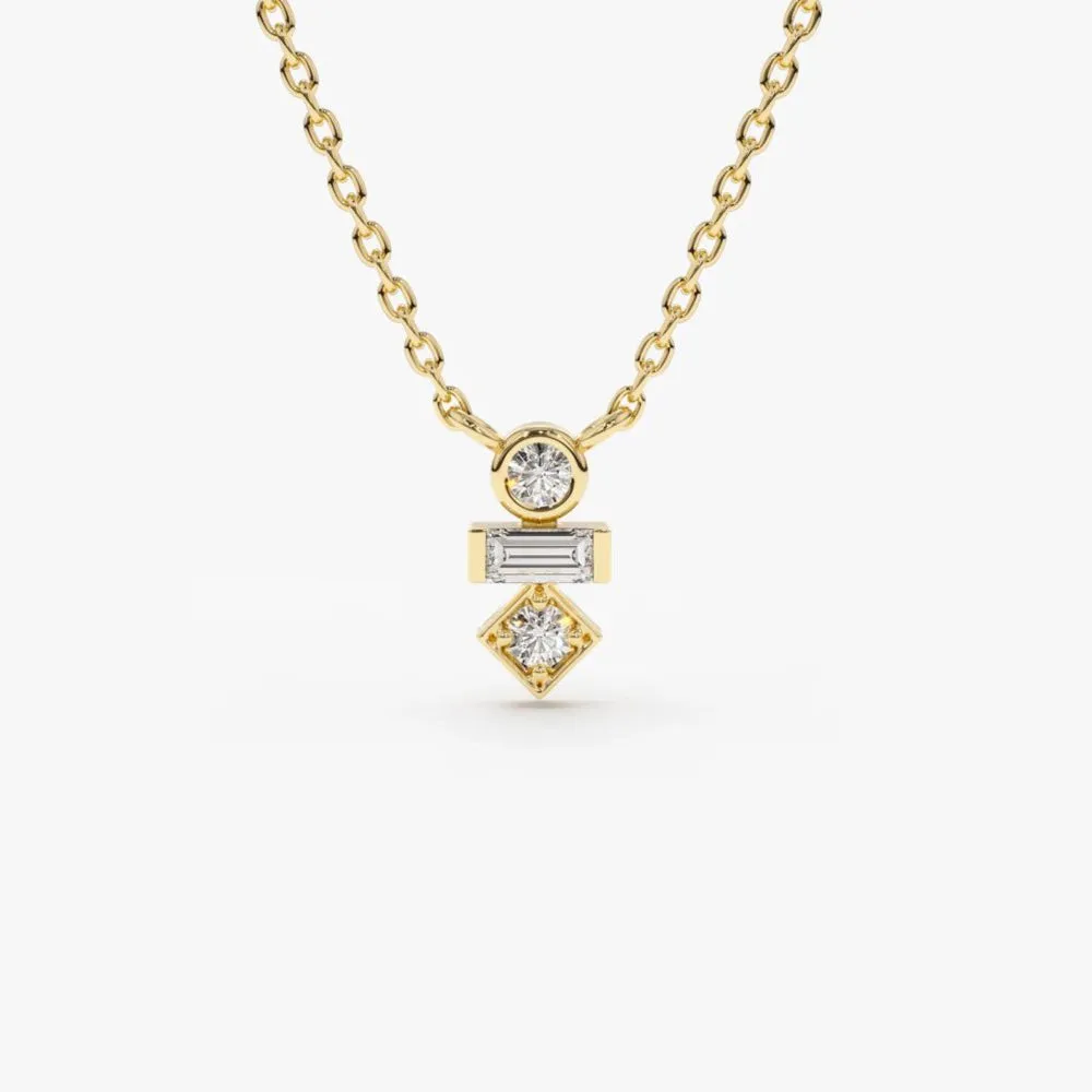 14K Gold Baguette and Round Cut Diamond Necklace