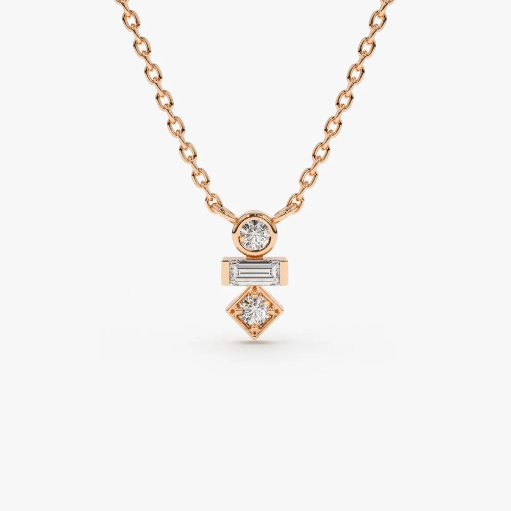 14K Gold Baguette and Round Cut Diamond Necklace