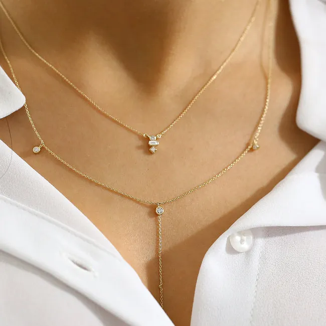 14K Gold Baguette and Round Cut Diamond Necklace