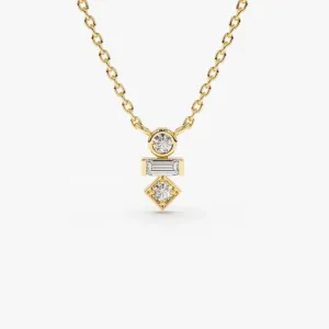 14K Gold Baguette and Round Cut Diamond Necklace