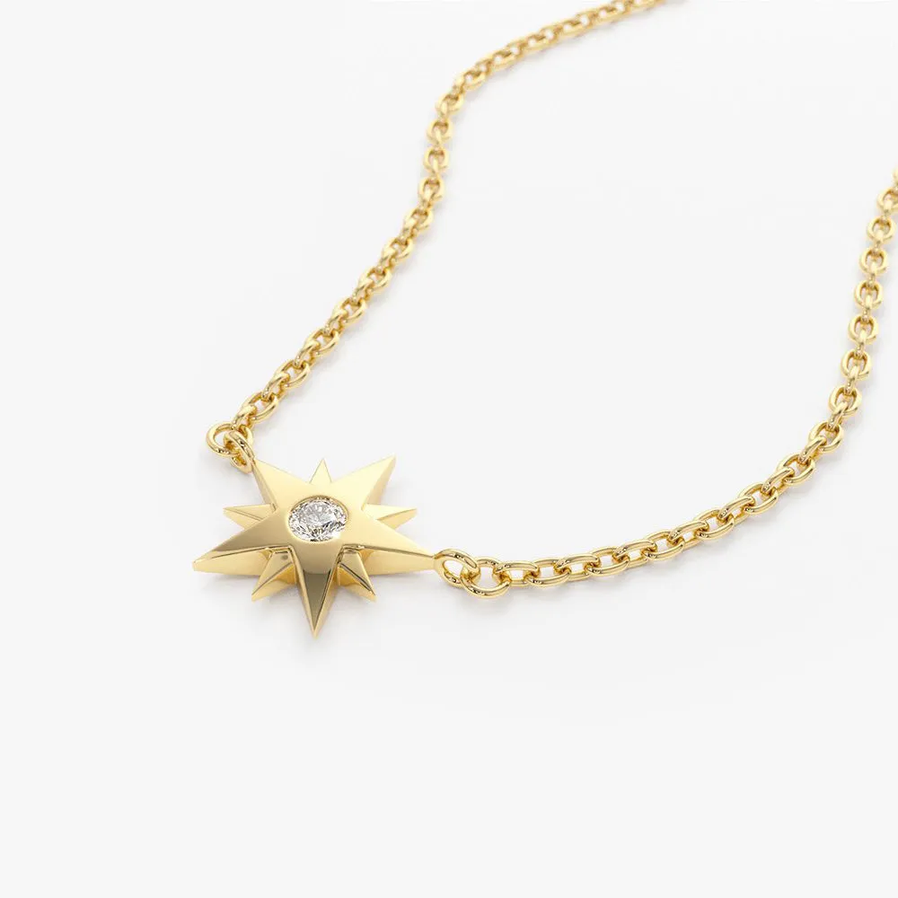 14K Gold Single Diamond Star Necklace