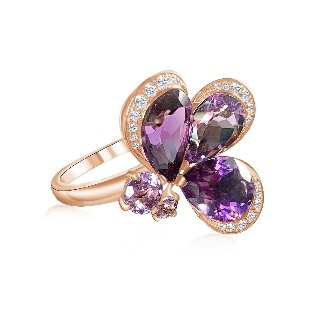 18kt Rose Gold Butterfly design Amethyst and Diamond ring