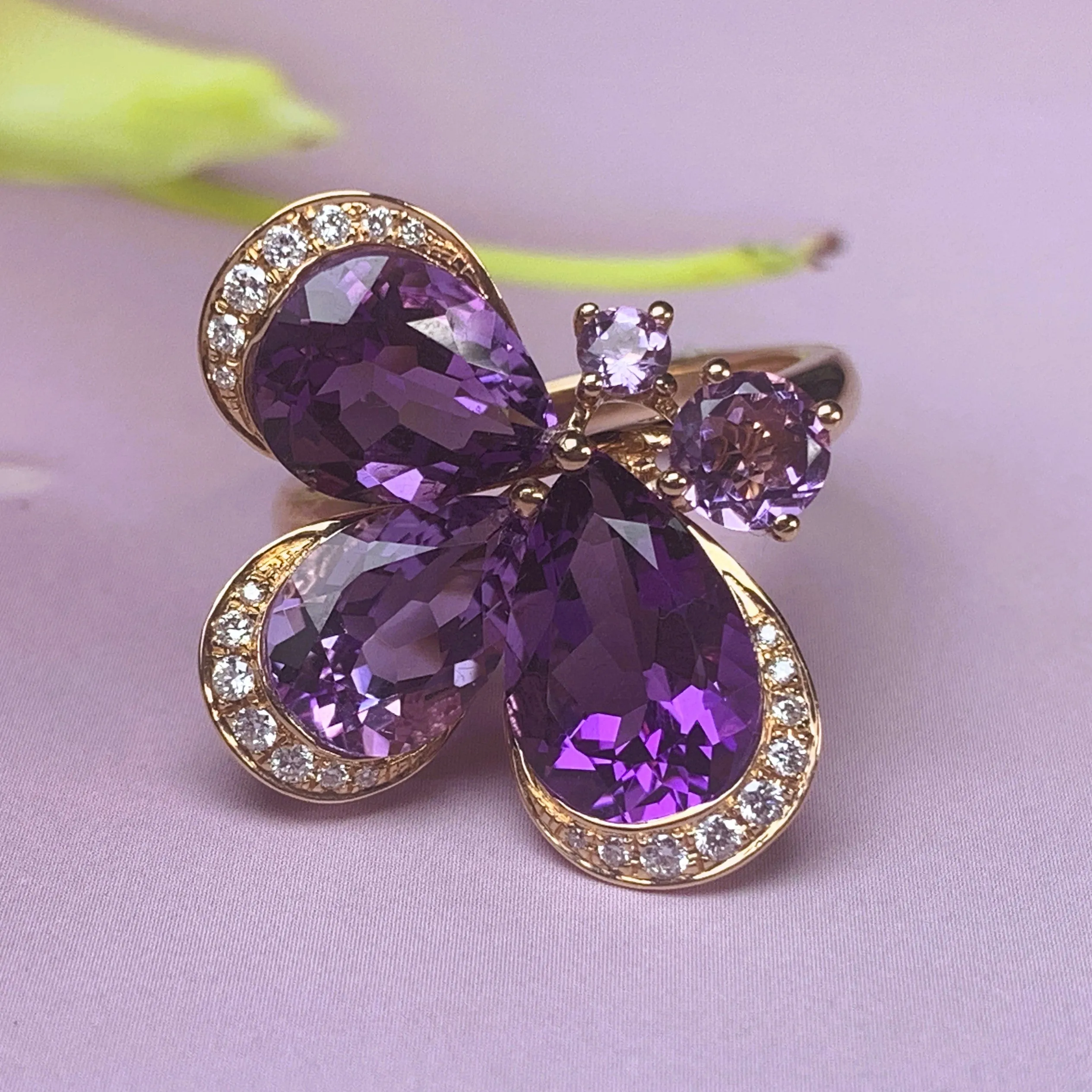 18kt Rose Gold Butterfly design Amethyst and Diamond ring