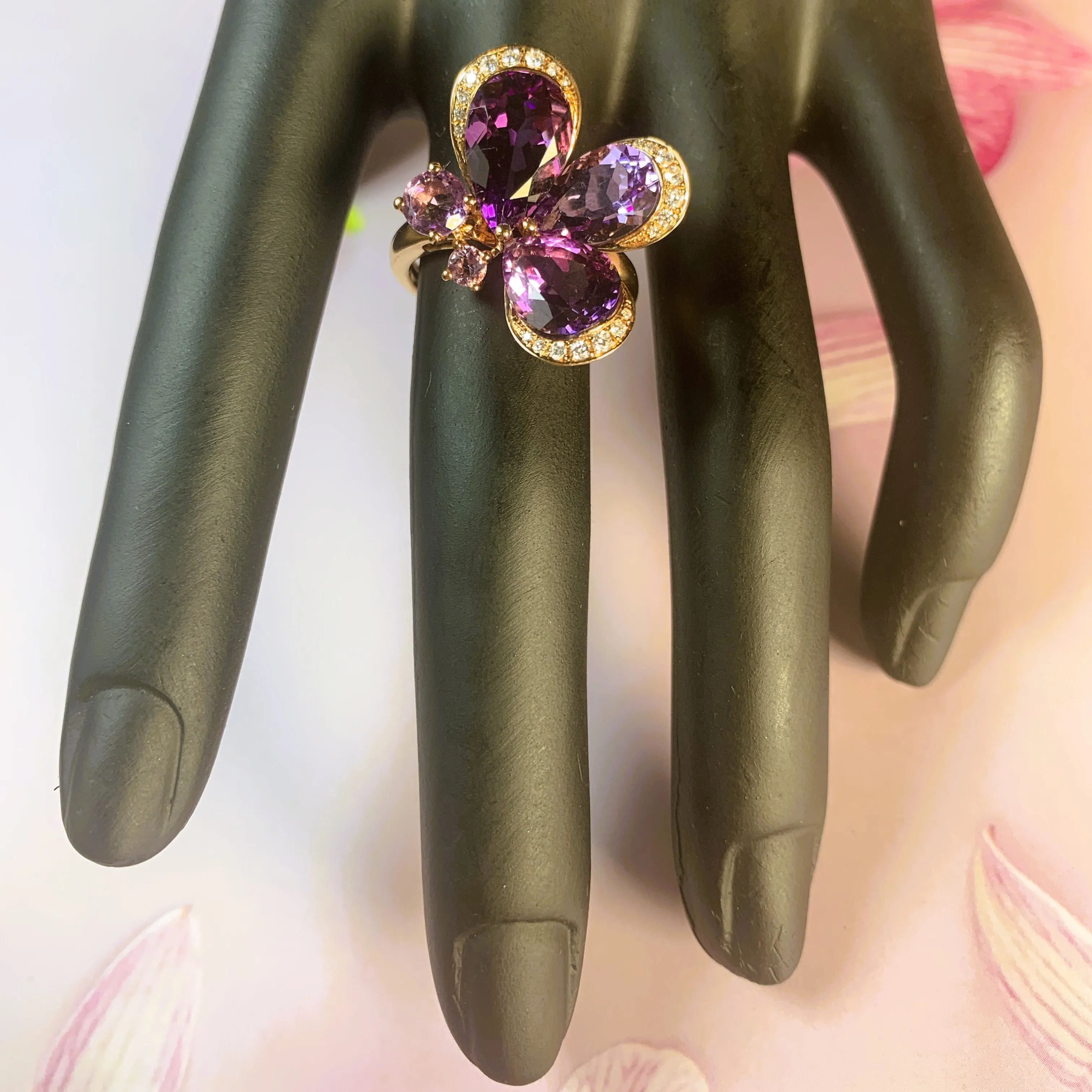 18kt Rose Gold Butterfly design Amethyst and Diamond ring