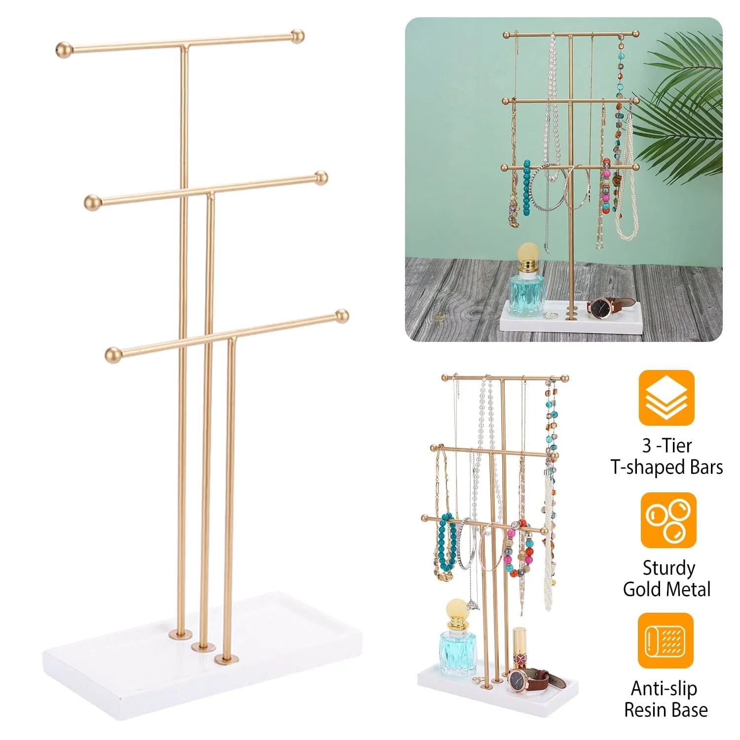 3-Tier Gold Metal Tabletop Jewelry Tree Stand