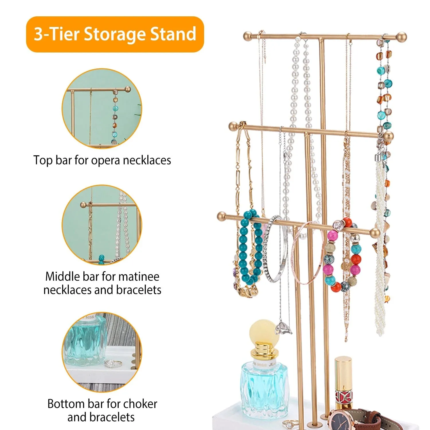 3-Tier Gold Metal Tabletop Jewelry Tree Stand