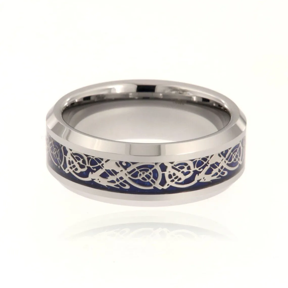 8mm Heavy Tungsten Carbide Men's Ring, Blue Celtic Earth Design, Beveled Edges And High Polished - FREE Personalization