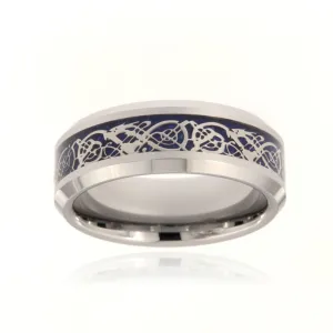 8mm Heavy Tungsten Carbide Men's Ring, Blue Celtic Earth Design, Beveled Edges And High Polished - FREE Personalization