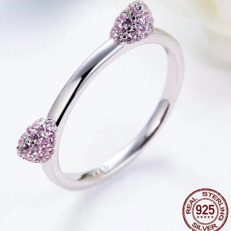 925 Sterling Silver Cute Cat Ears Pink CZ Ring