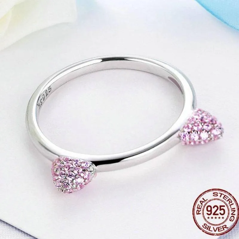 925 Sterling Silver Cute Cat Ears Pink CZ Ring