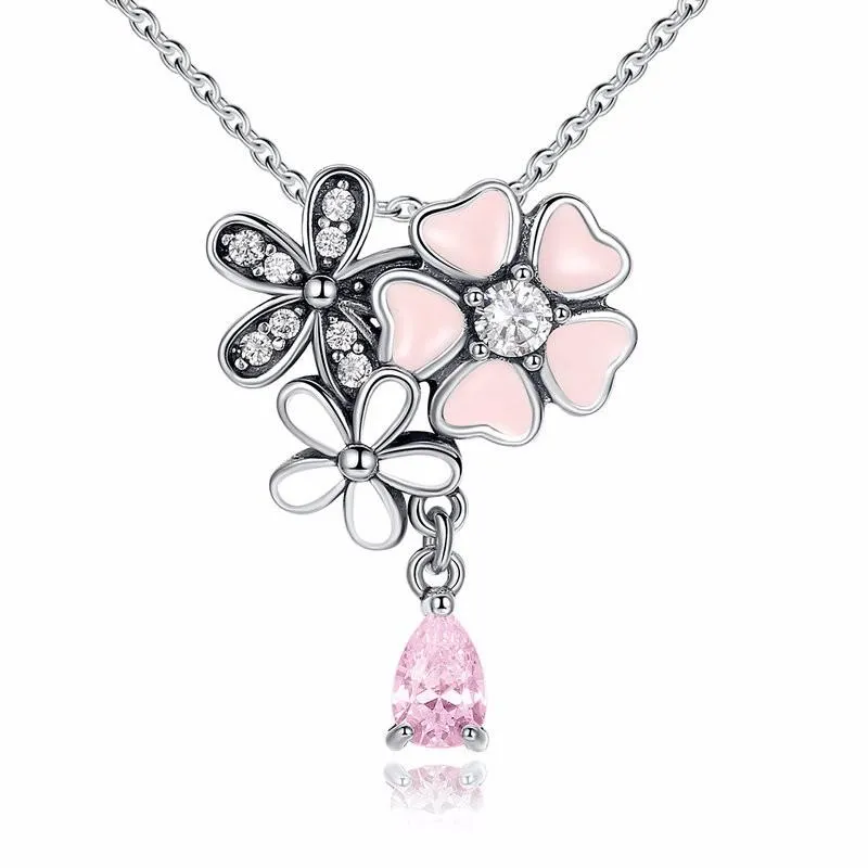 925 Sterling Silver Pink Cherry Flower Blossom Necklace