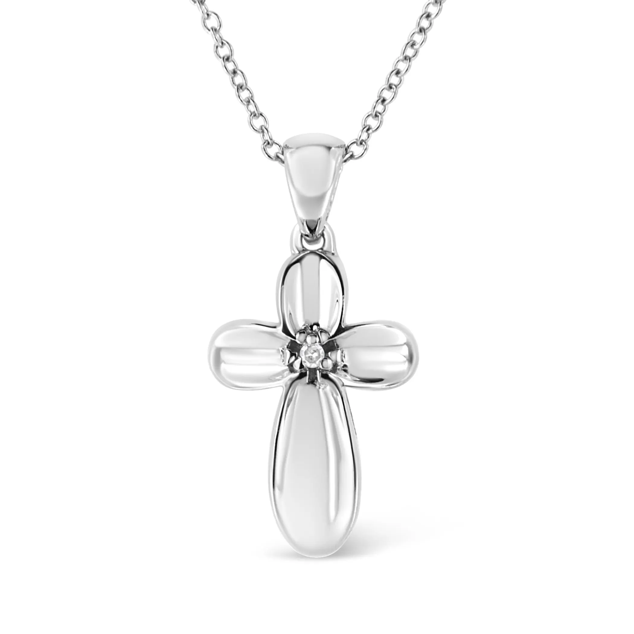 .925 Sterling Silver Prong-Set Diamond Accent Floral Cross 18" Pendant Necklace (I-J Color, I1-I2 Clarity)