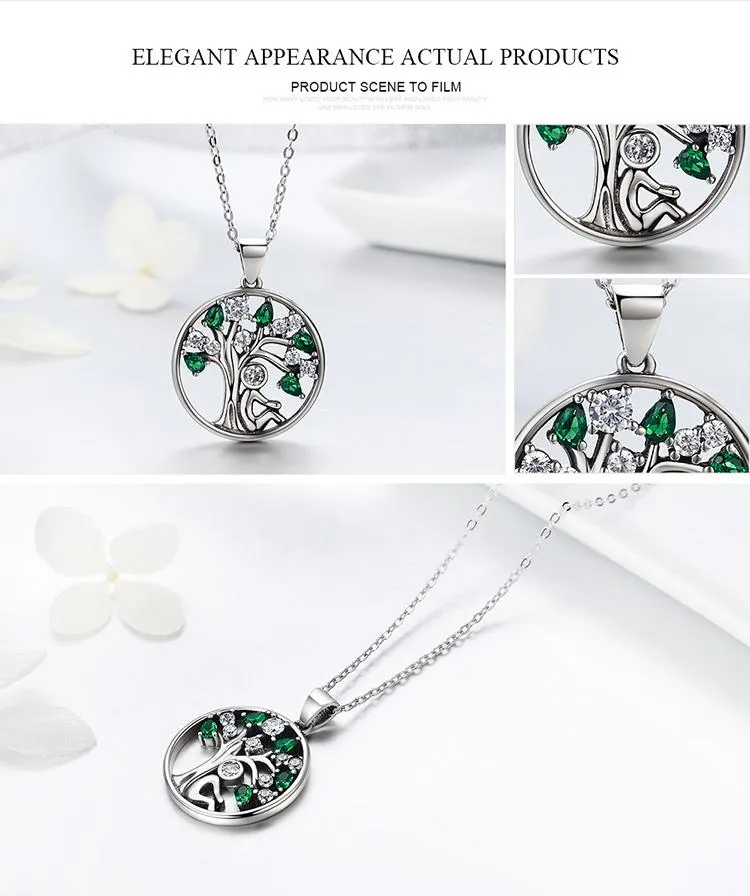 925 Sterling Silver Tree of Life with Clear Green CZ Pendant Necklaces