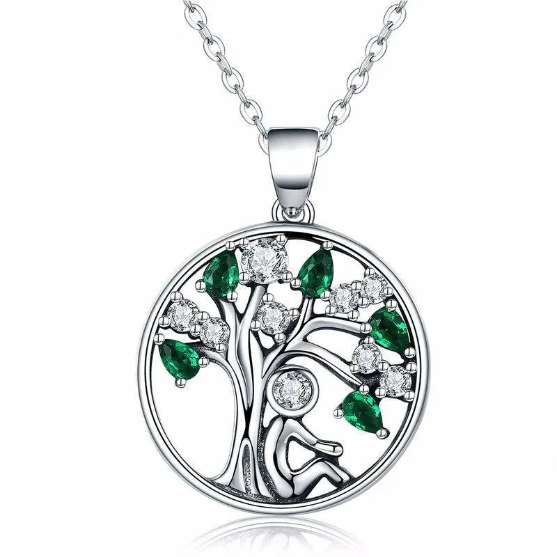 925 Sterling Silver Tree of Life with Clear Green CZ Pendant Necklaces