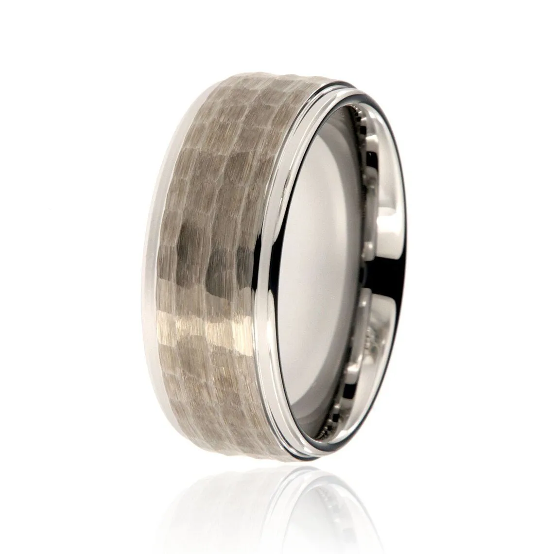 9mm Heavy Tungsten Carbide Men's Ring With Two Tone, Hammered Finish - FREE Personalization