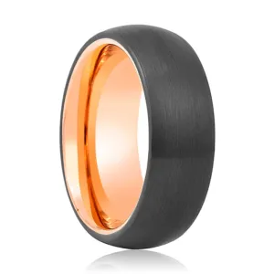 AUDI | Rose Gold Ring, Black Tungsten Ring, Brushed, Domed