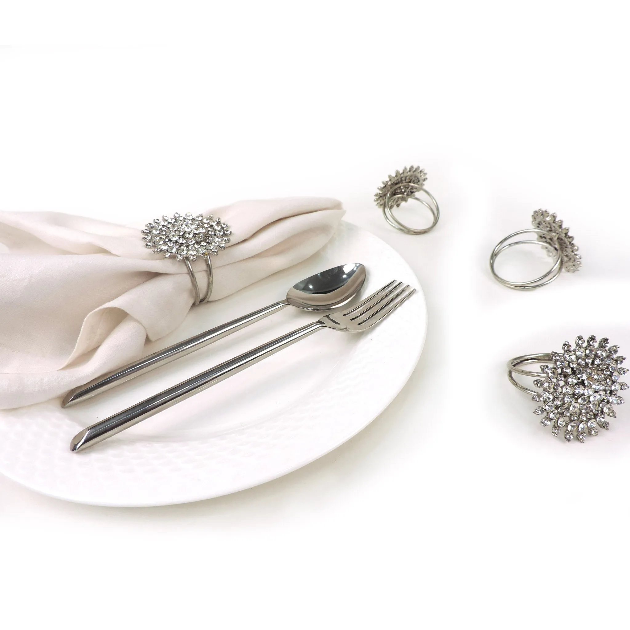 Bold & Beautiful Jeweled Napkin Ring in Silver, Set of 4