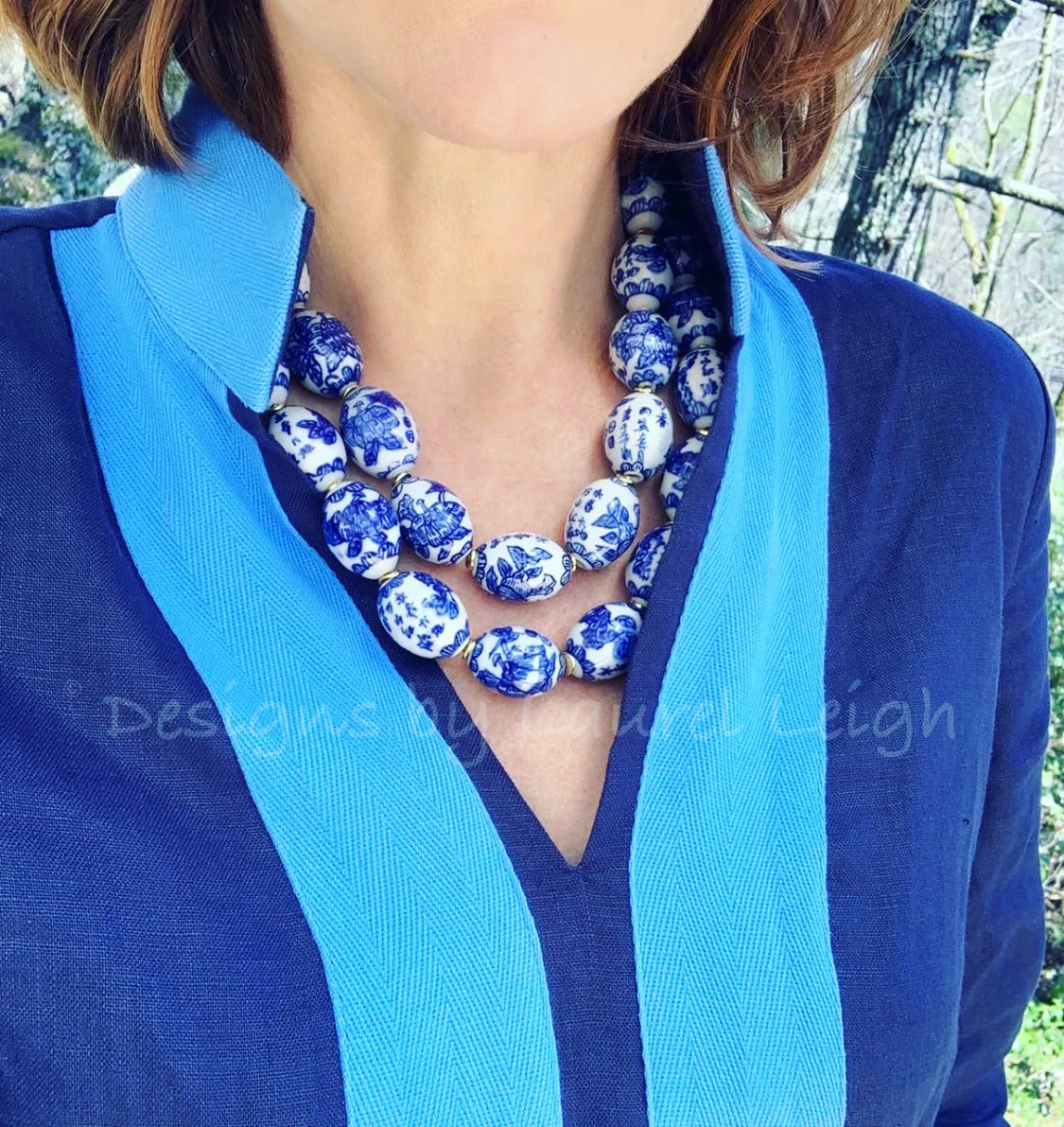 Chinoiserie Blue & White Oval Bead Necklace