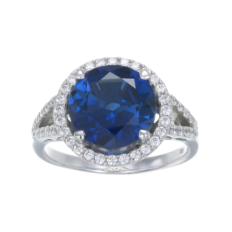 Classic Round Blue Sapphire Ring with Halo