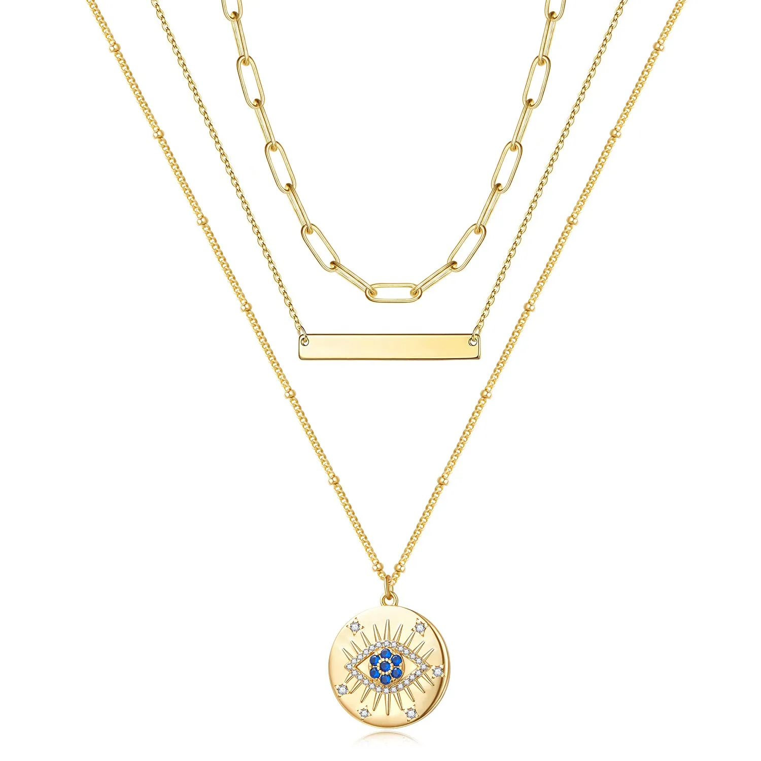 Dainty 14K Gold Layered Evil Eye Religious Necklace- Gold Evil Eye Paperclip Bar Necklaces