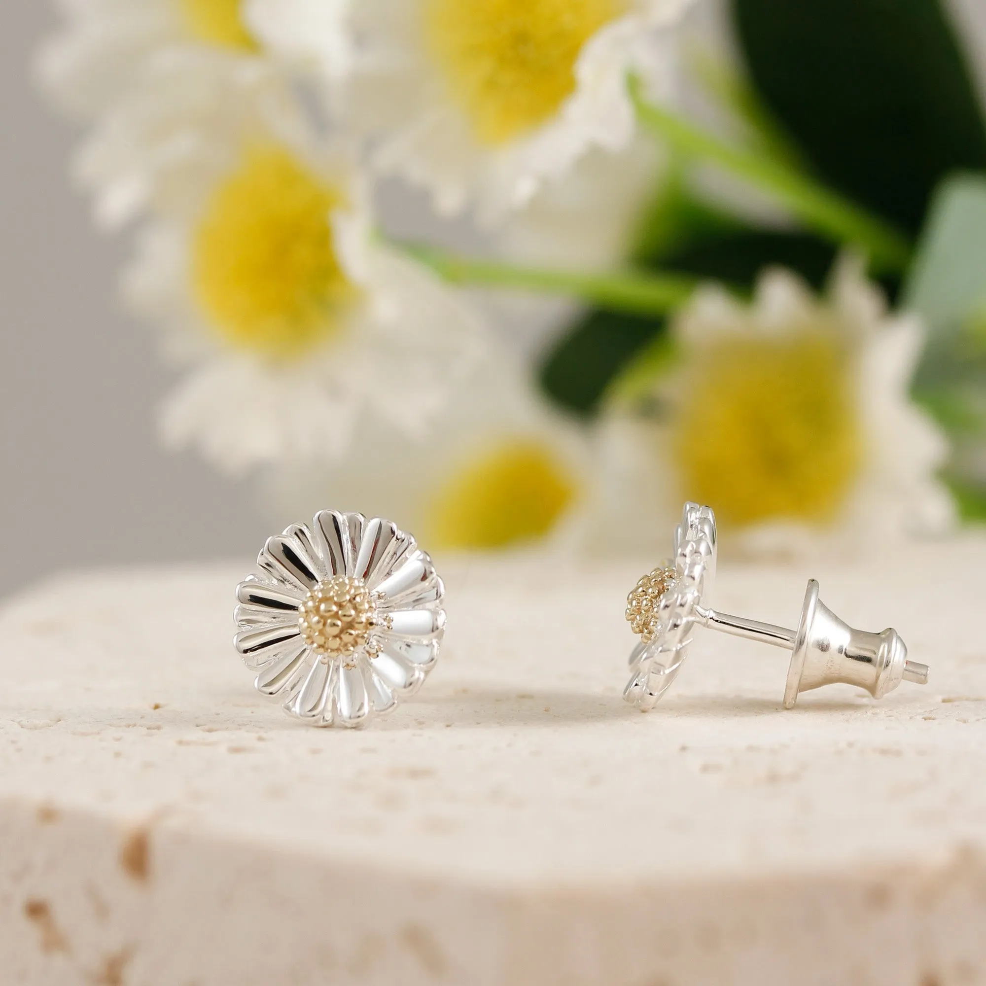 Daisy Silver & Solid Gold Stud Earrings