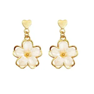 Dangle White Flower Gold Clip On Earrings