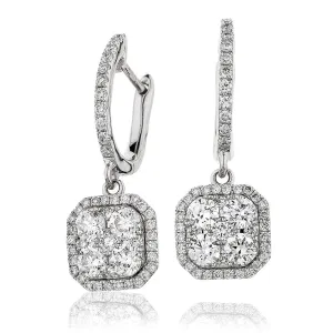 DIAMOND CLUSTER AND HALO DROP EARRINGS IN 18K WHITE GOLD