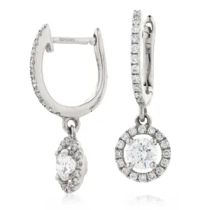 DIAMOND HALO DROP HOOP EARRINGS IN 18K WHITE GOLD