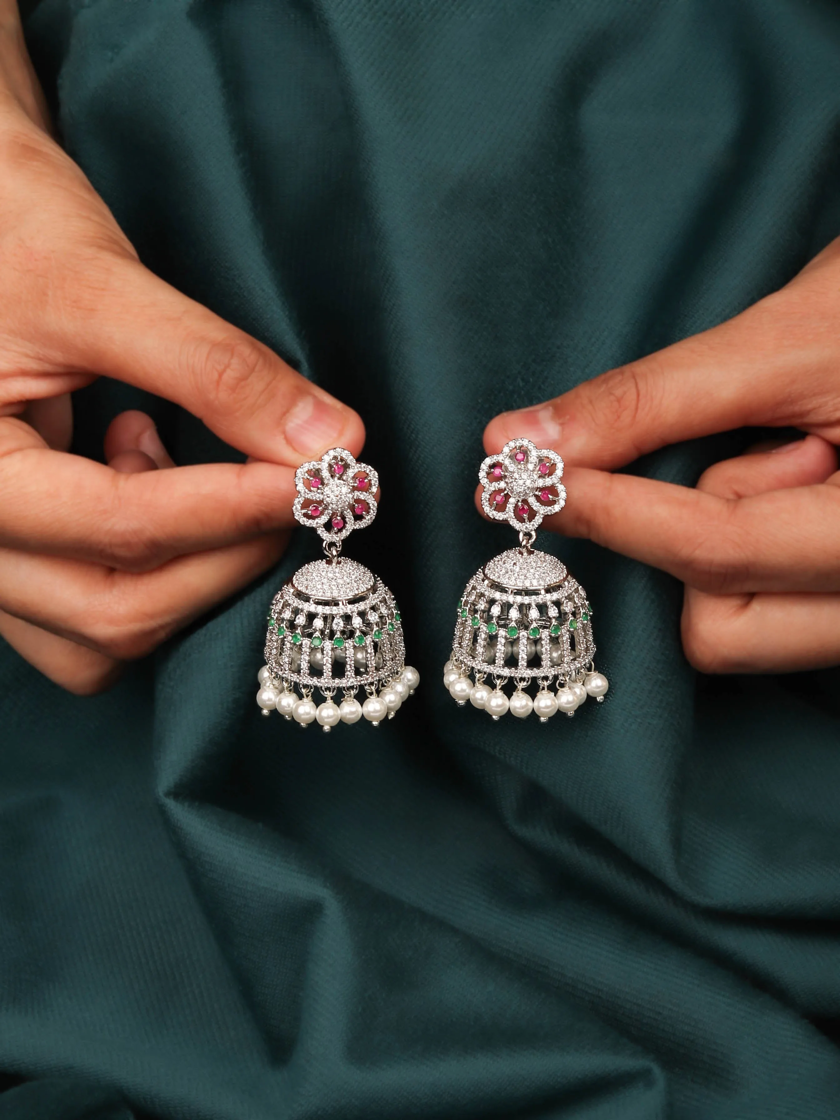 Floral Inspired Rhodium Plated White Dome Shaped Jhumka With Pink and White CZ Stones