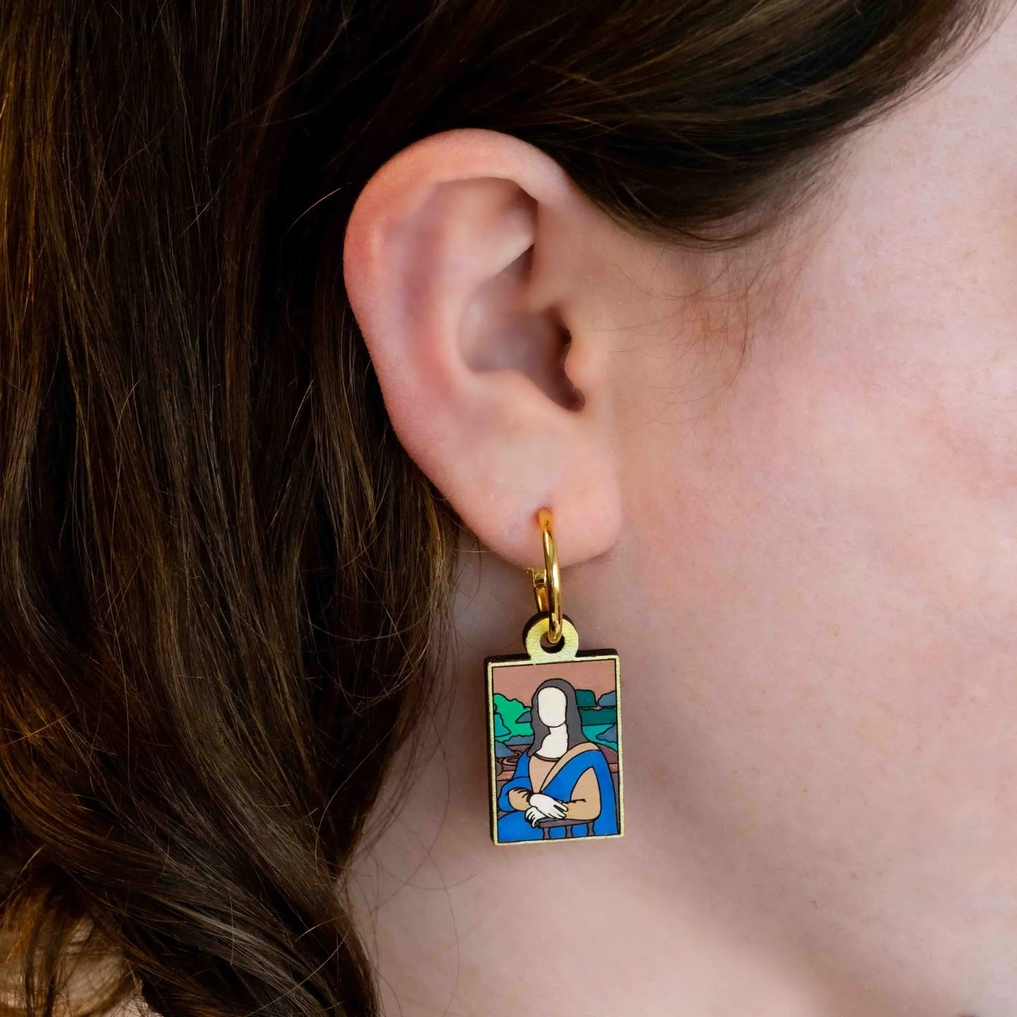 Hand-Painted Cherry Wood Mona Lisa Hoop Earrings Inspired by Leonardo da Vinci - PEO14066H