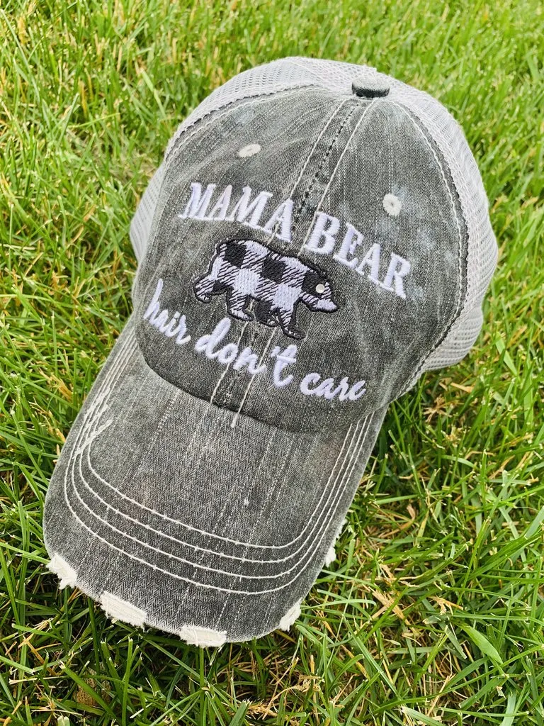 Hats, shirts, necklaces { Mama bear hair don't care. Gray with black and white buffalo plaid bear. Embroidered. Necklaces silver with option of bears. T-shirts XS - XL.