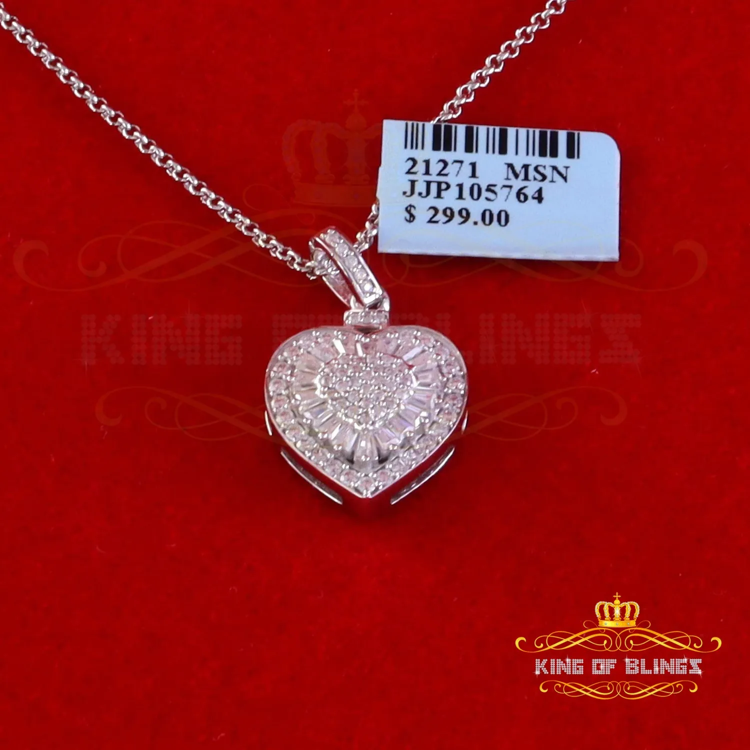 King Of Bling's 925 White Silver 1.00ct Moissanite Baguette & Round Heart Pendant for Womens