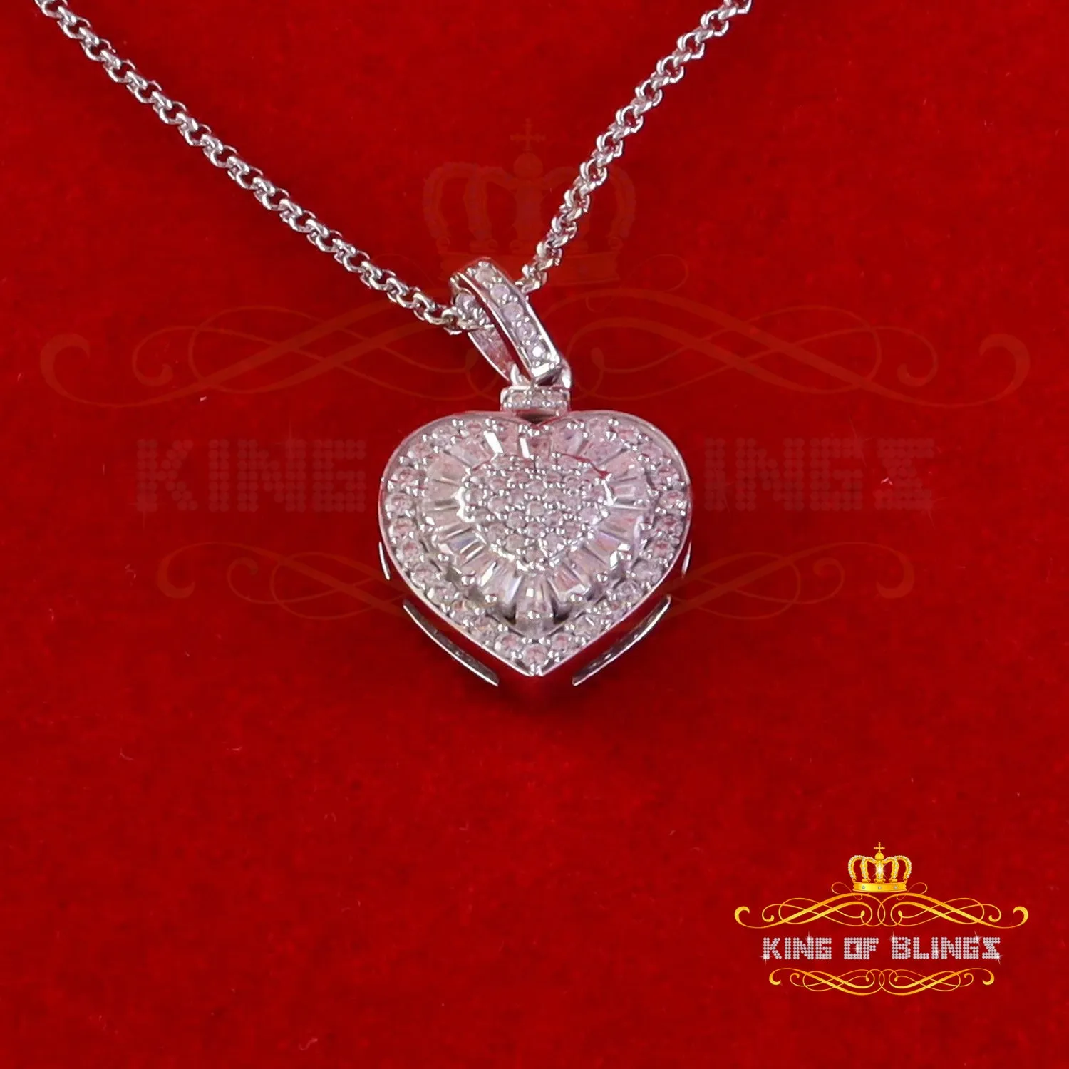 King Of Bling's 925 White Silver 1.00ct Moissanite Baguette & Round Heart Pendant for Womens