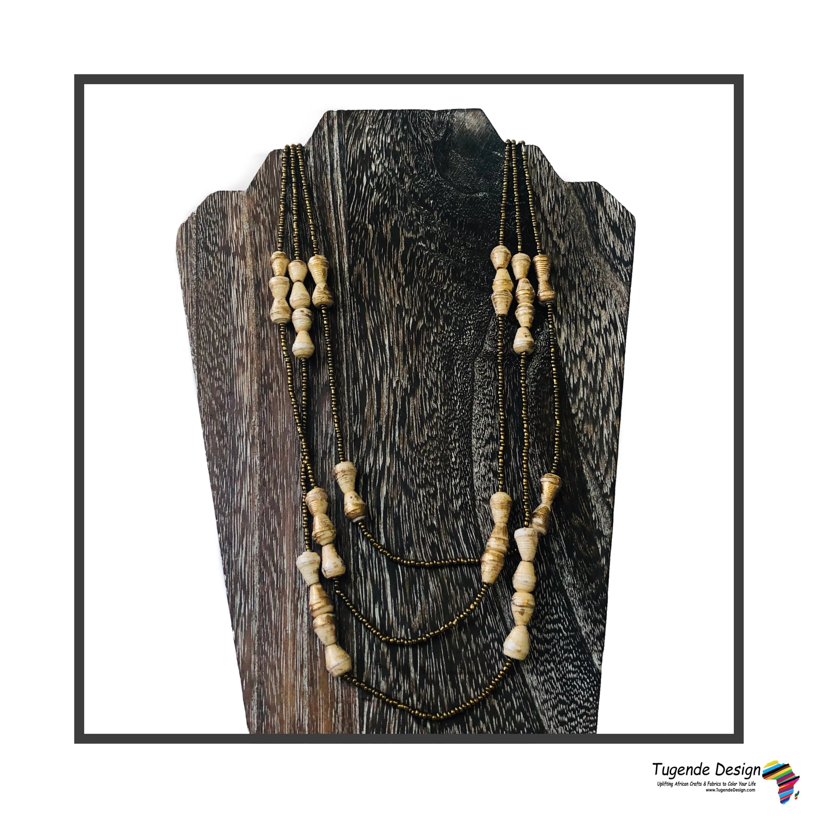 Namirembe Handmade Beaded Multi Strand Necklace with Bling (Gold with Cream or White)