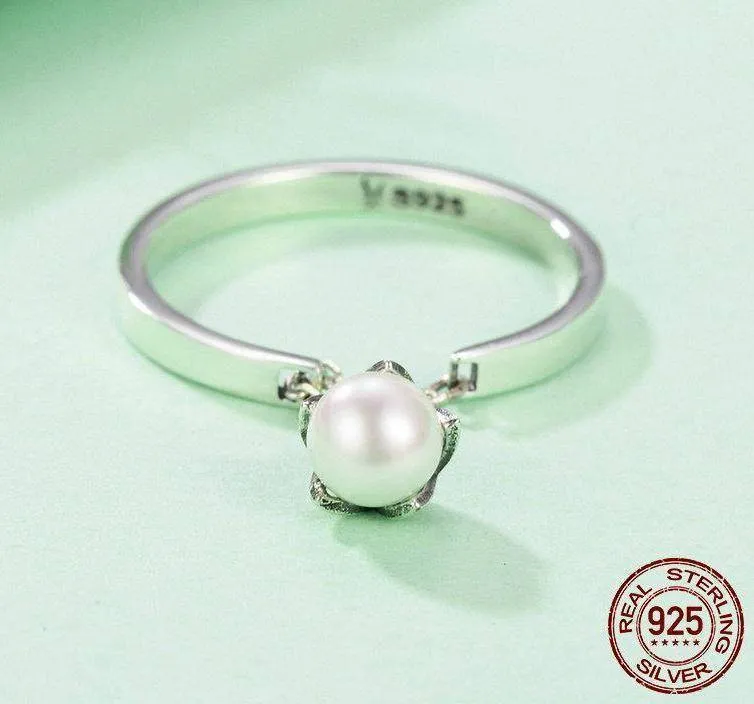 Open rings dangle white pearls, 925 Sterling Silver Tears Of Flowers