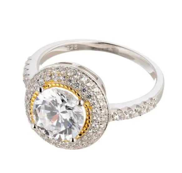 Round Cubic Zirconia Halo Two Tone Gold Engagement Ring In Sterling Silver