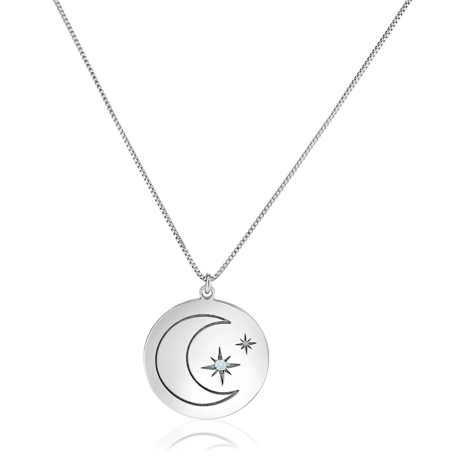 Size: 18'' - Sterling Silver 18 inch Necklace with Engraved Moon and Stars and Diamonds