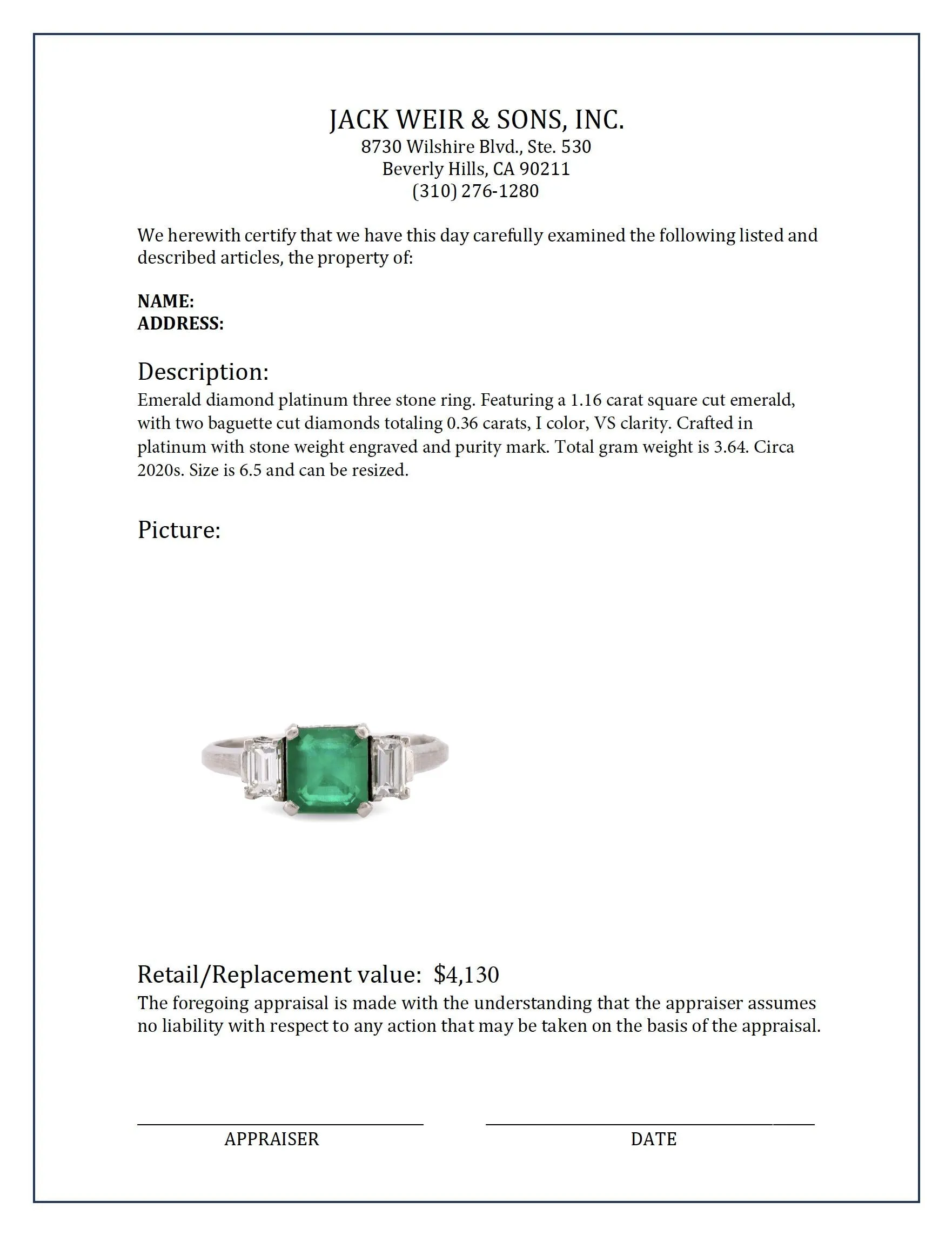 Timeless emerald diamond platinum three stone ring