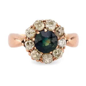 Victorian Sapphire Diamond 18K Rose Gold Cluster Ring