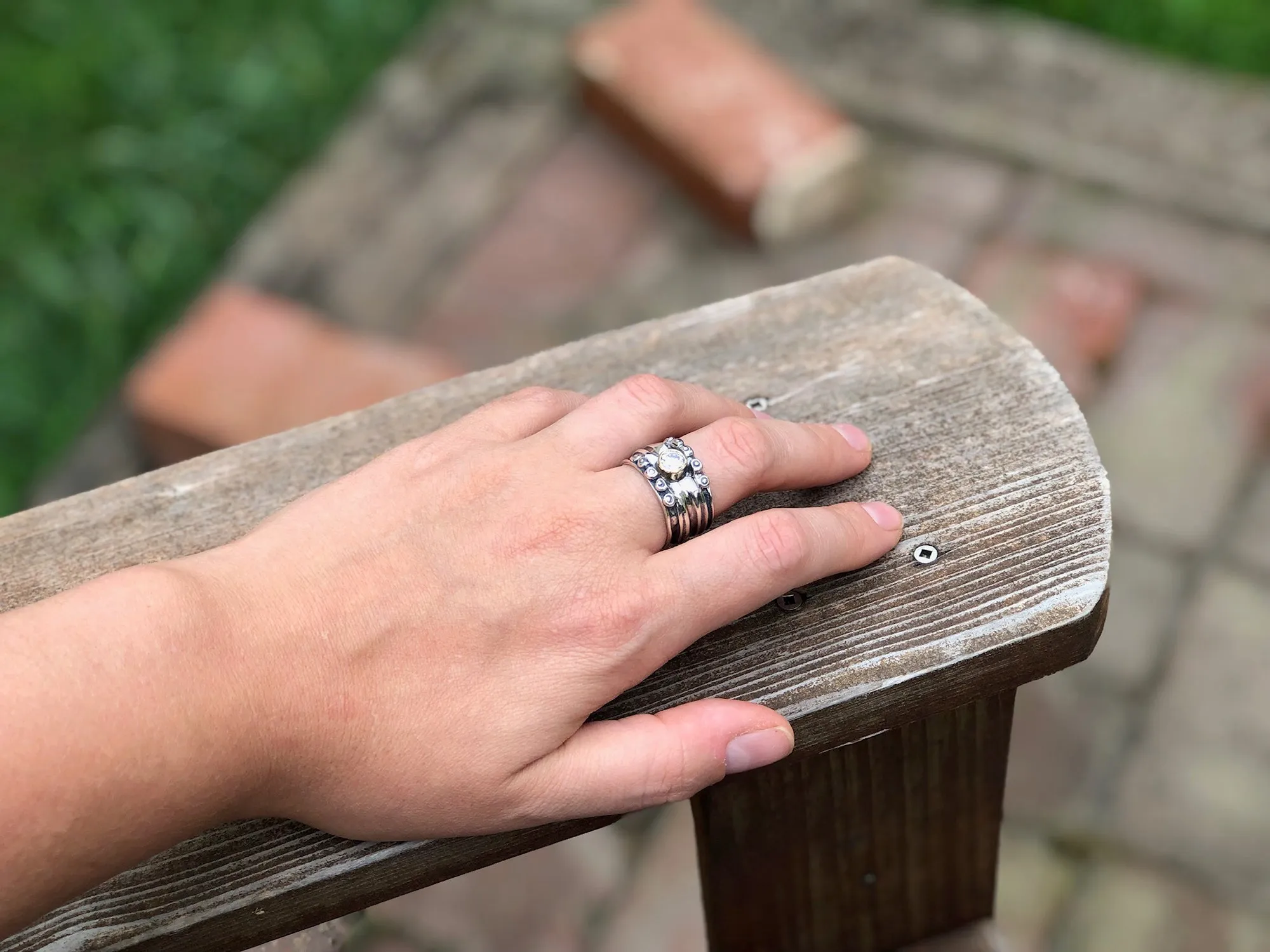 Wide Nordic Ring with CZ in Gold Bezel