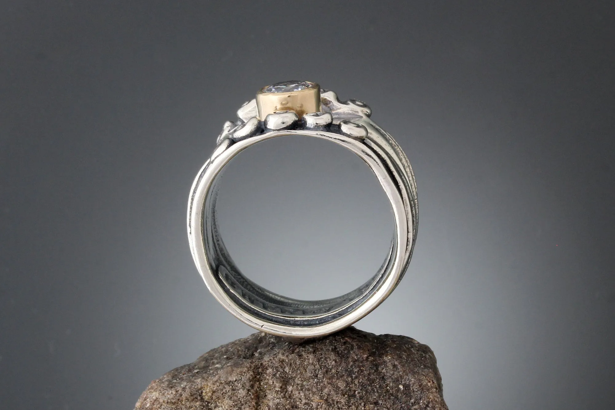 Wide Nordic Ring with CZ in Gold Bezel