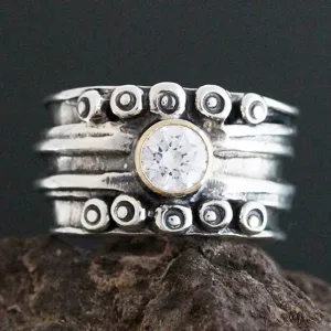 Wide Nordic Ring with CZ in Gold Bezel