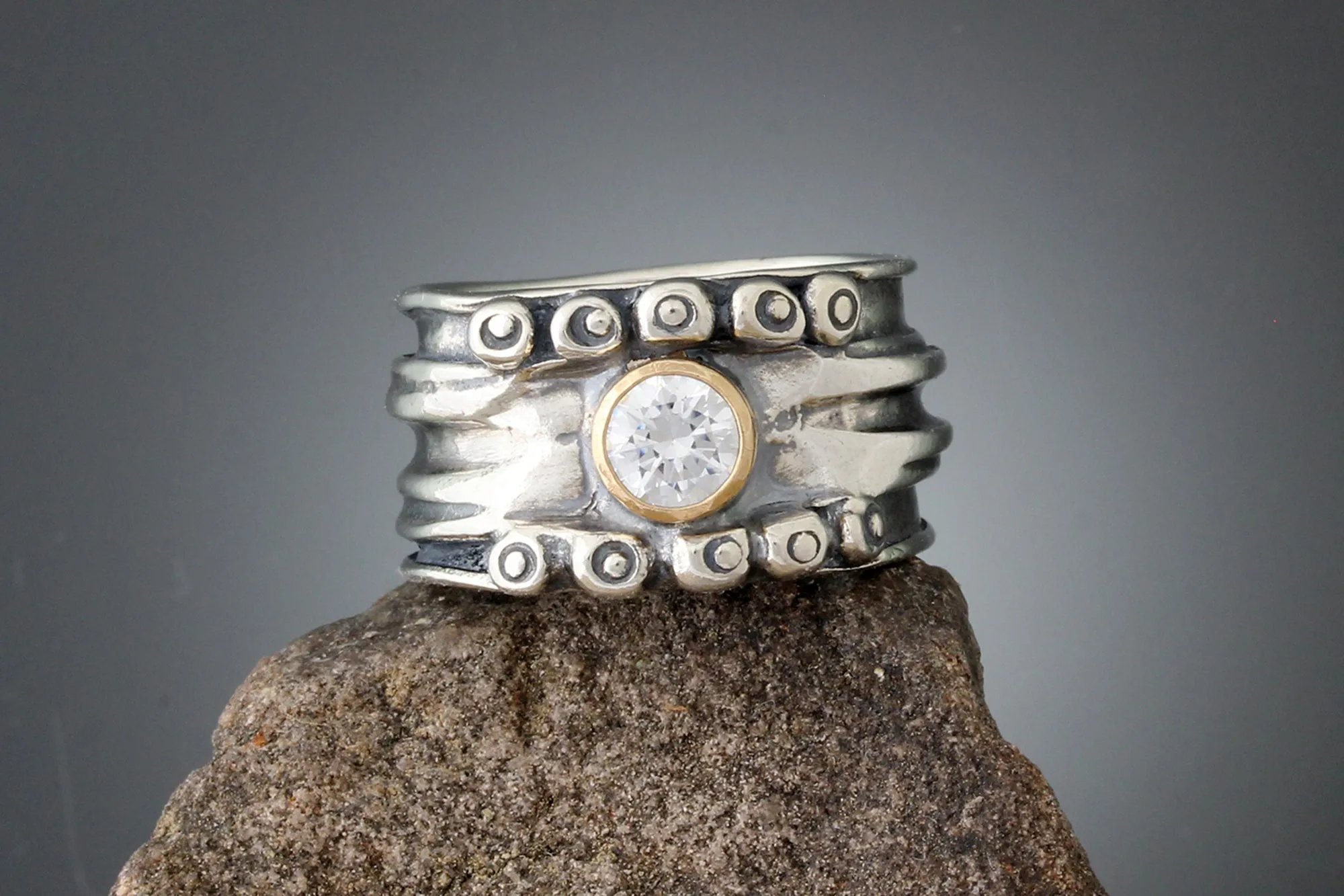 Wide Nordic Ring with CZ in Gold Bezel